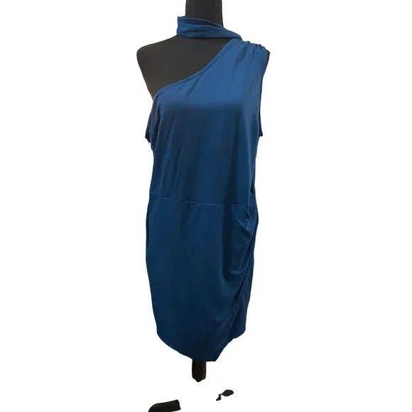 Asymmetrical One Shoulder Ruched Mock Neck Cocktail Dress Blue - Picture 2 of 5